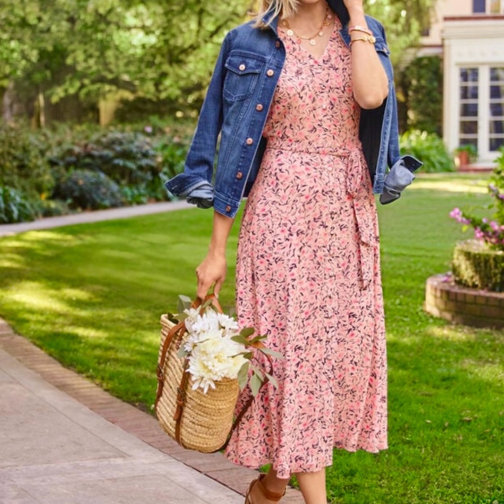 Talbots • 18W • V Neck Button Front Midi Dress Short Sleeve Pink Floral